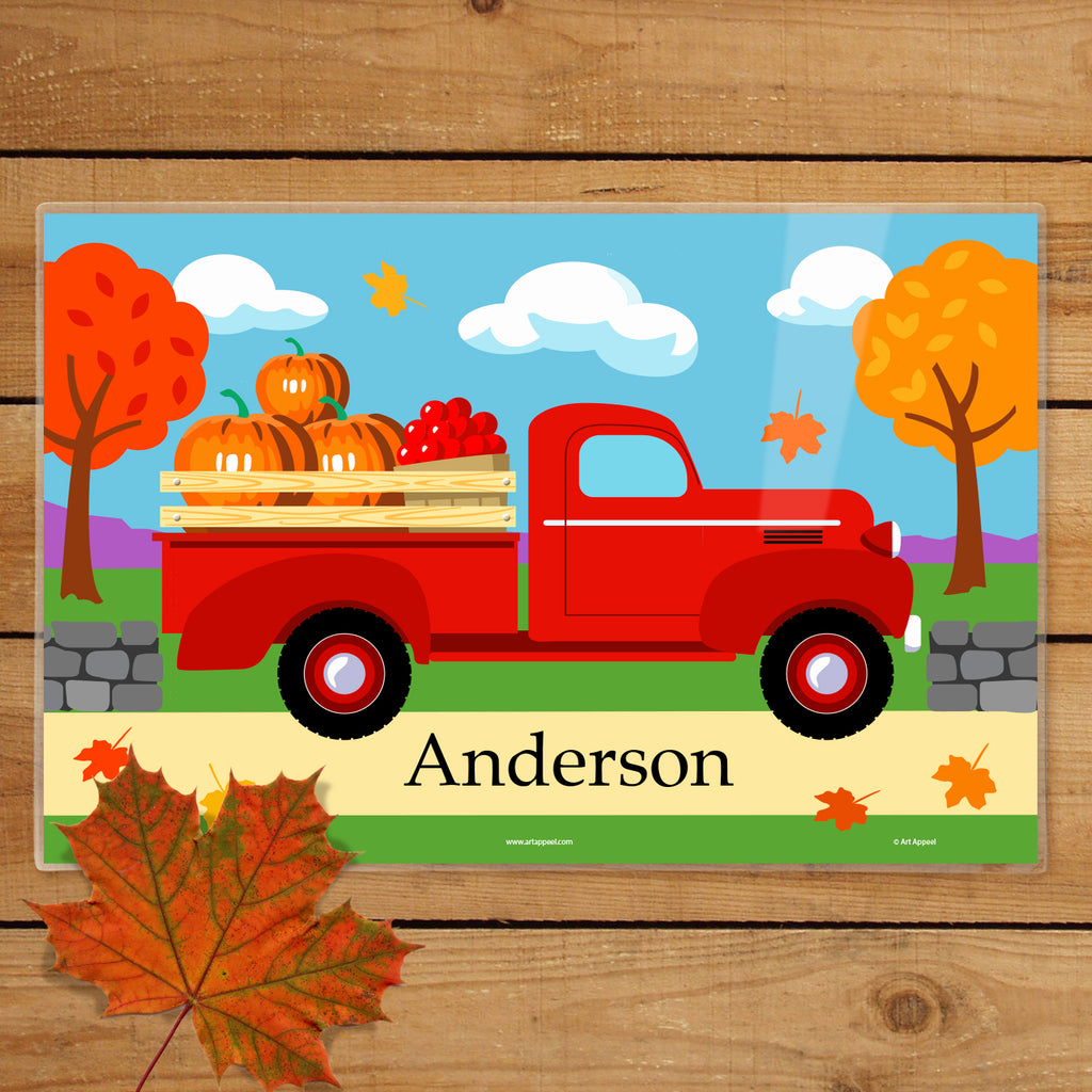 Kids autumn personalized placemat for snack time lunch dinner and breakfast table setting with red pickup truck and fall leaves