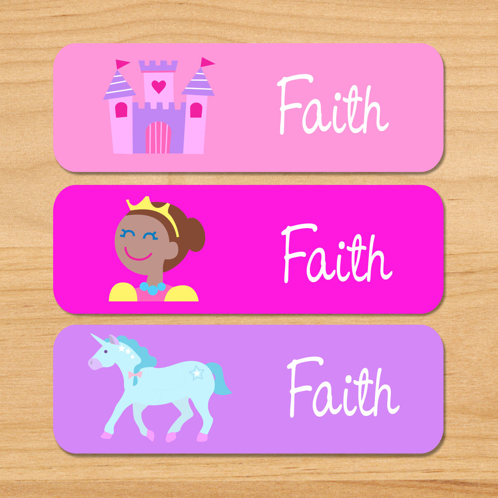 Princess dark skin kids personalized name waterproof labels with castle, princess, and unicorn on pink and purple backgrounds