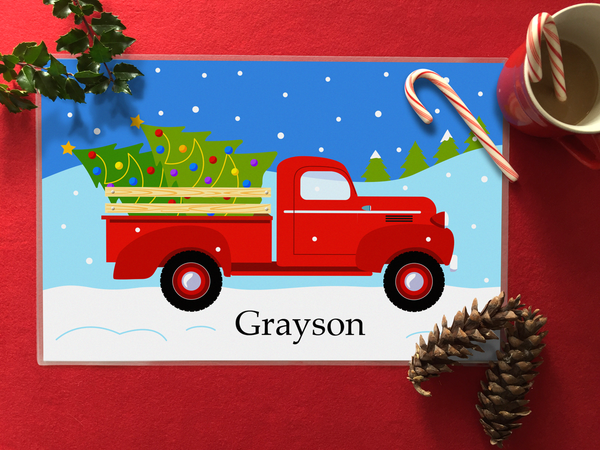 Christmas kids personalized placemat with vintage red pickup truck, christmas trees and snow