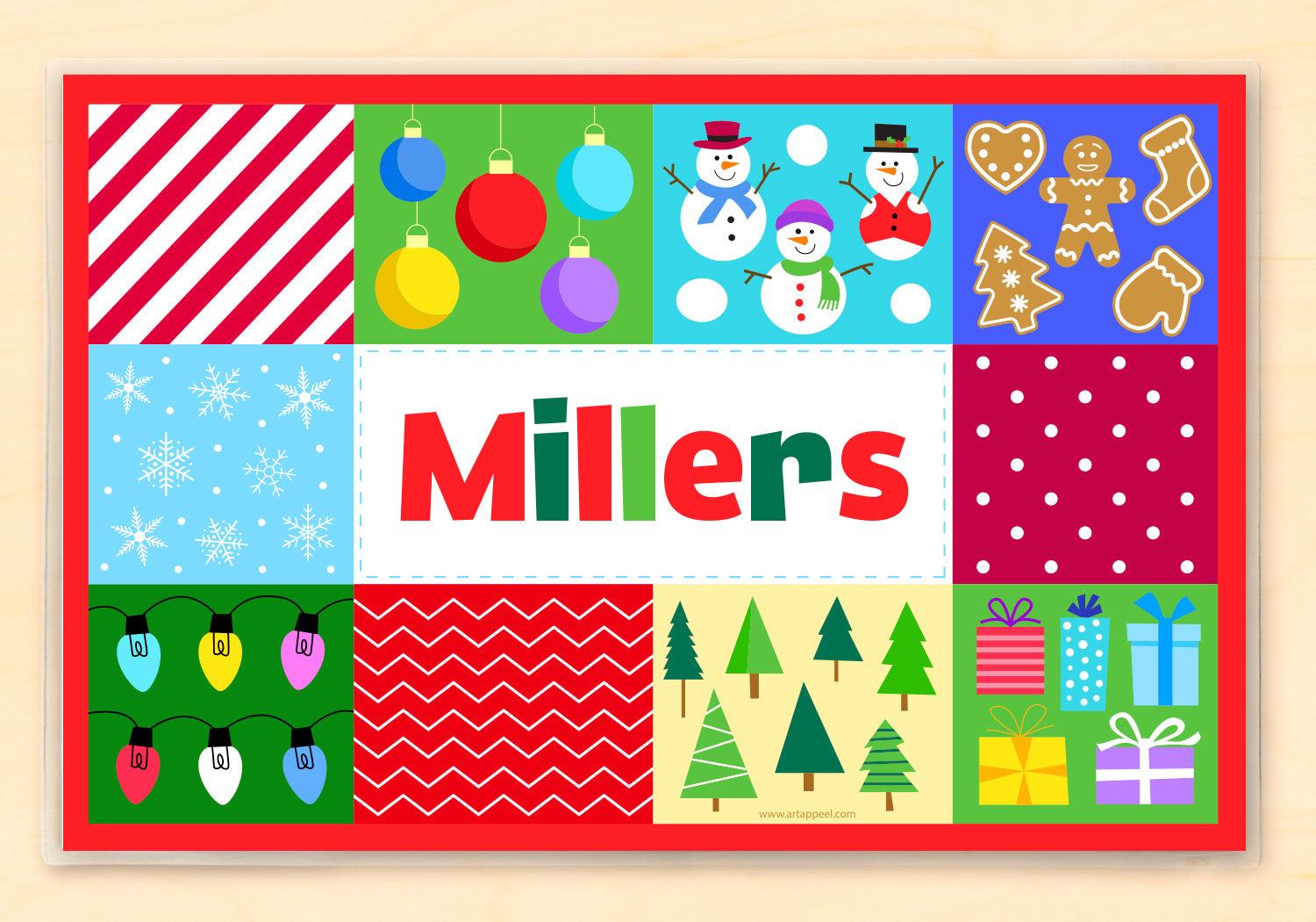 Christmas personalized placematn for kids. Ten squares each with a wrapping design in each.  Name for personalization is in the center.
