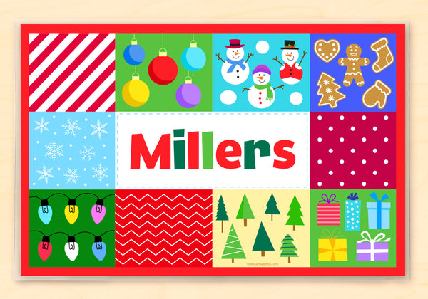 Christmas personalized placematn for kids. Ten squares each with a wrapping design in each.  Name for personalization is in the center.