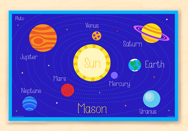 Solar System Personalized Kids Placemat with colorful planets on a rich blue background