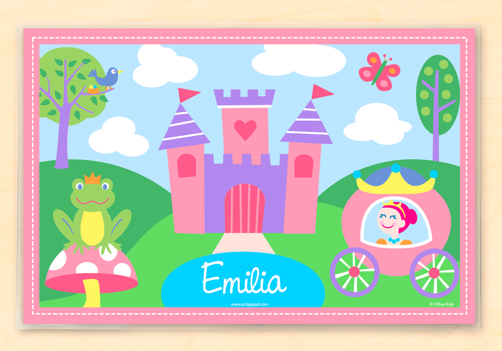 Fairy Tale themed Princess Personalized Kids Placemat with princess, coach prince frog and castle