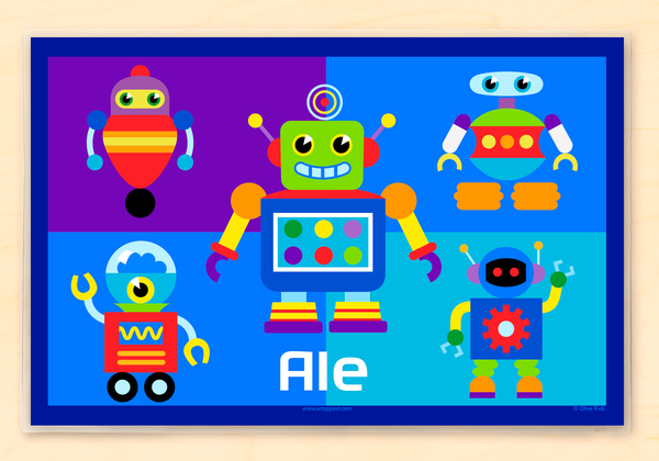 Robots Personalized Kids Placemat with colorful robots on a color block background 