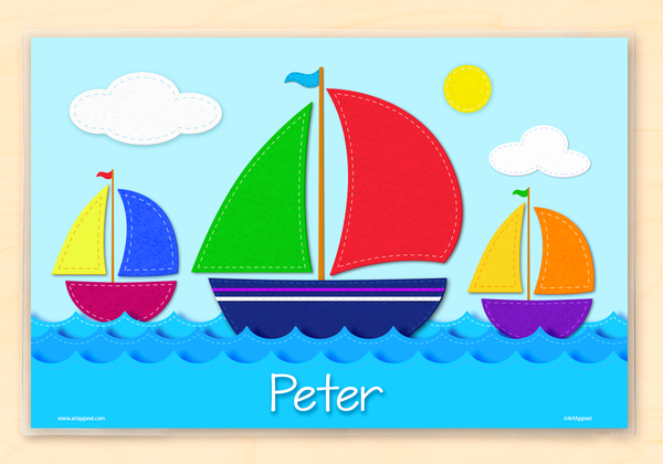 3 sailboats with colorful sails on ocean waves with a sunny sky. Personalized placemat with child's name across the water.