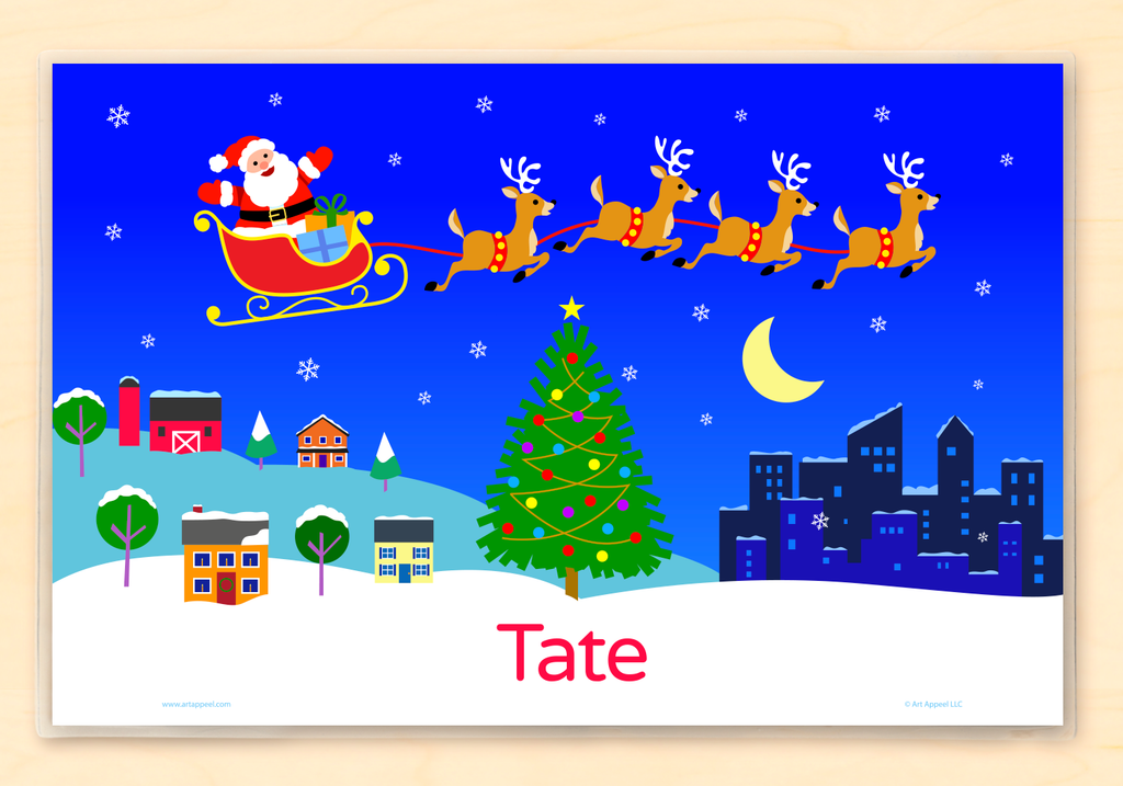 Kids Christmas personalized name placemat with Santa and reindeer flying over the country and city night sky