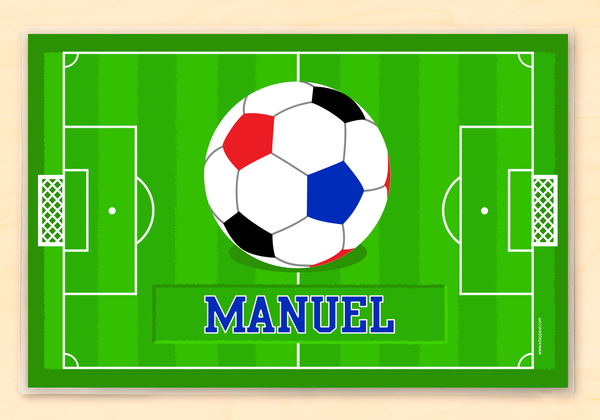 Soccer personalized placemat with soccer ball and field.
