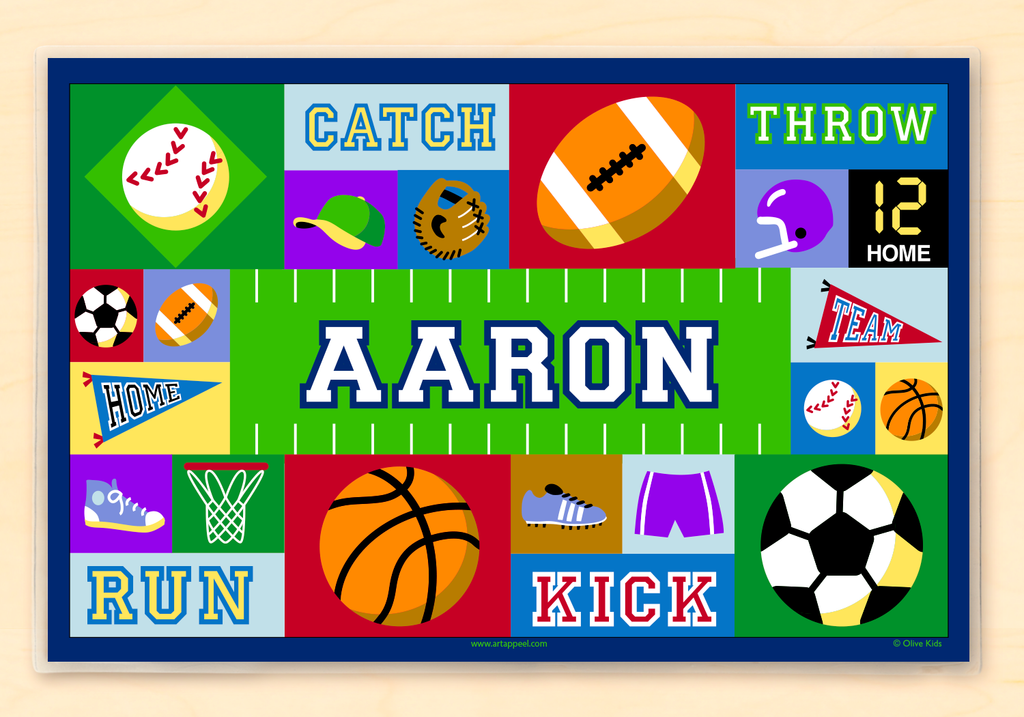 Sports Themed Personalized Kids Placemat with sports balls, and equipment with bright colors
