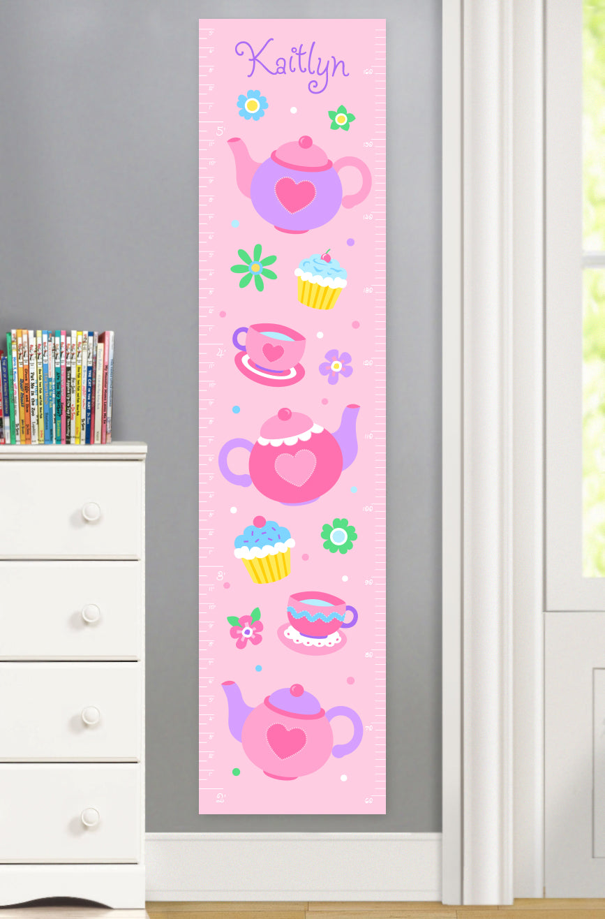 Tea Party themed Growth Chart with teapots, tea cups and flowers.