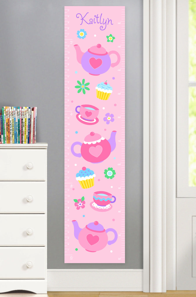 Tea Party themed Growth Chart with teapots, tea cups and flowers.