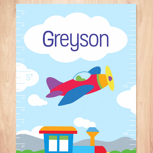 Trains, Planes and Trucks Personalized Kids Canvas Growth Chart