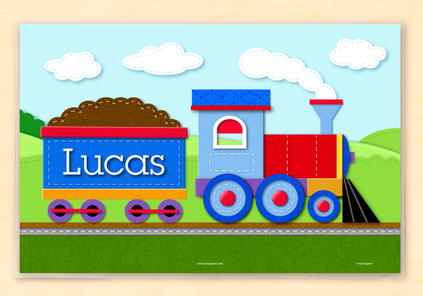Train personalized placemat with blue and red train engine. 