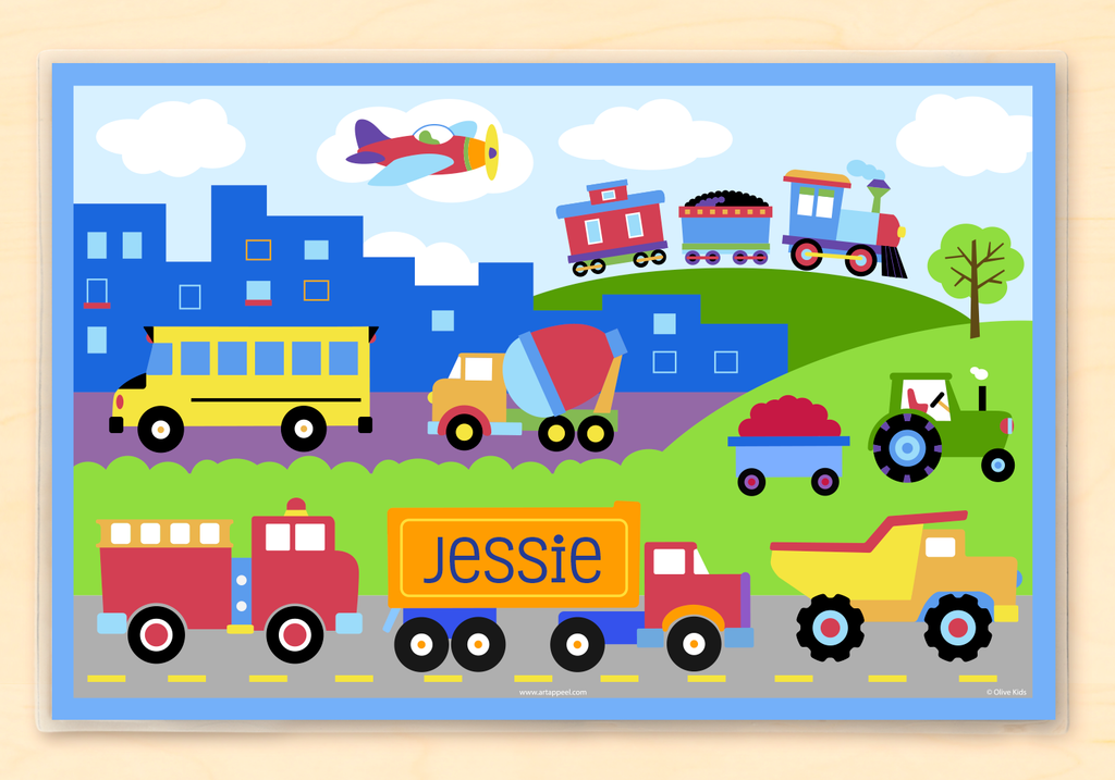 Personalized kids transportation placemat with trains, planes, trucks, and vehicles in a country and city landscape scene, featuring firetruck, dump truck, tractor, and school bus