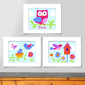 Set of 3 coordinating nature prints. Owl print with colorful owl in tree and personalized with childs name. Second print with baby bird in nest with mother, third print with bird house, bird in flight and colorful flowers.