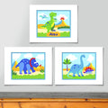 Set of 3 coordinating dinosaur prints. Personalized print features green T-rex in prehistoric landscape. Second features triceratops in landscape, third print features brontosaurus in landscape. Brightly colored with blues and greens.