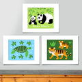 Set of 3 corodinating prints. Panda and baby on a spring green background, personalized with childs name. Sea Turtles on a light blue background, and tiger mama and cub on a bright greeen background.