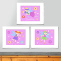 Set of 3 fairy prints.One softly colored fairy on each print, with pink backgrouns. One print is personalized with childs name.