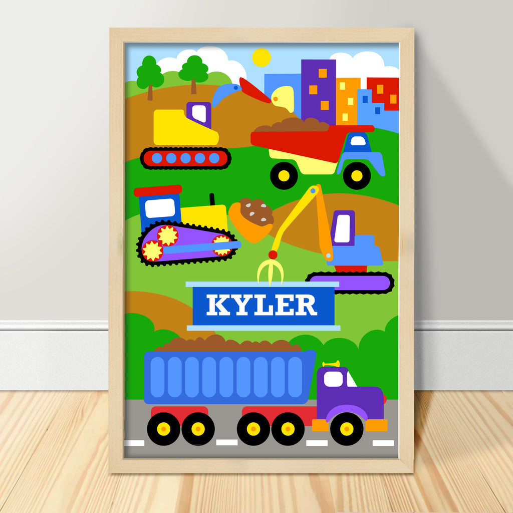 Construction vehicles personalized art print for kids and nursery.