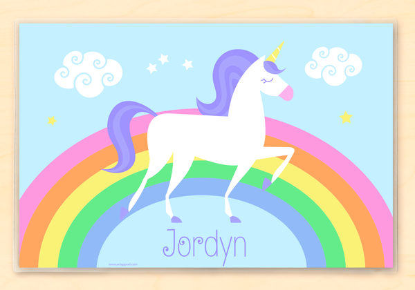 Kids personalized placemat with a Unicorn and rainbow