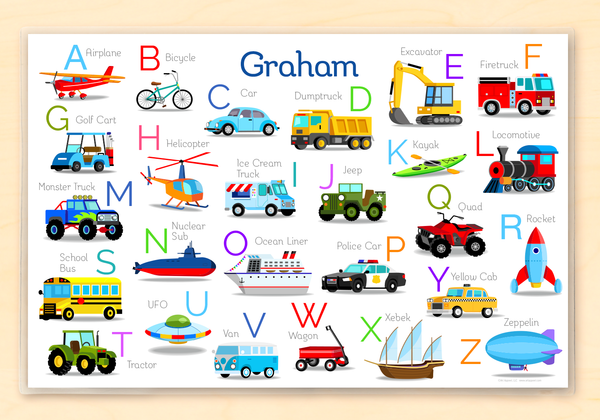 Vehicle Alphabet Personalized Kids Placemat