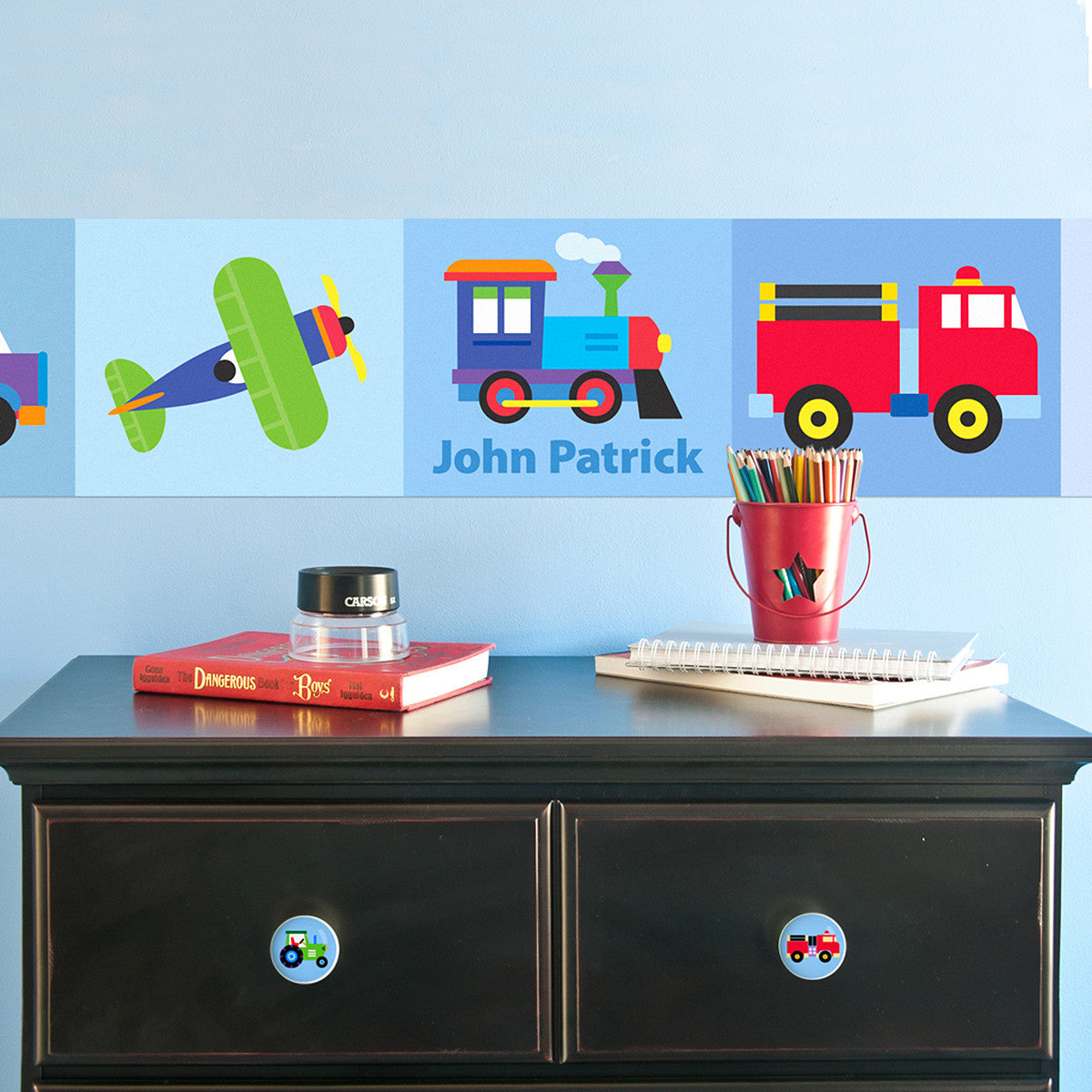 Trains, Planes & Trucks Personalized Kids Peel & Stick Decal Wall Border