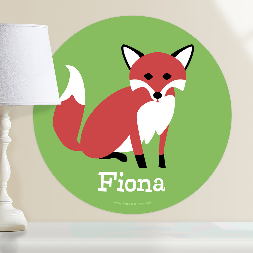 Personalized kids circular wall decal features cute red fox with white details on a green background.