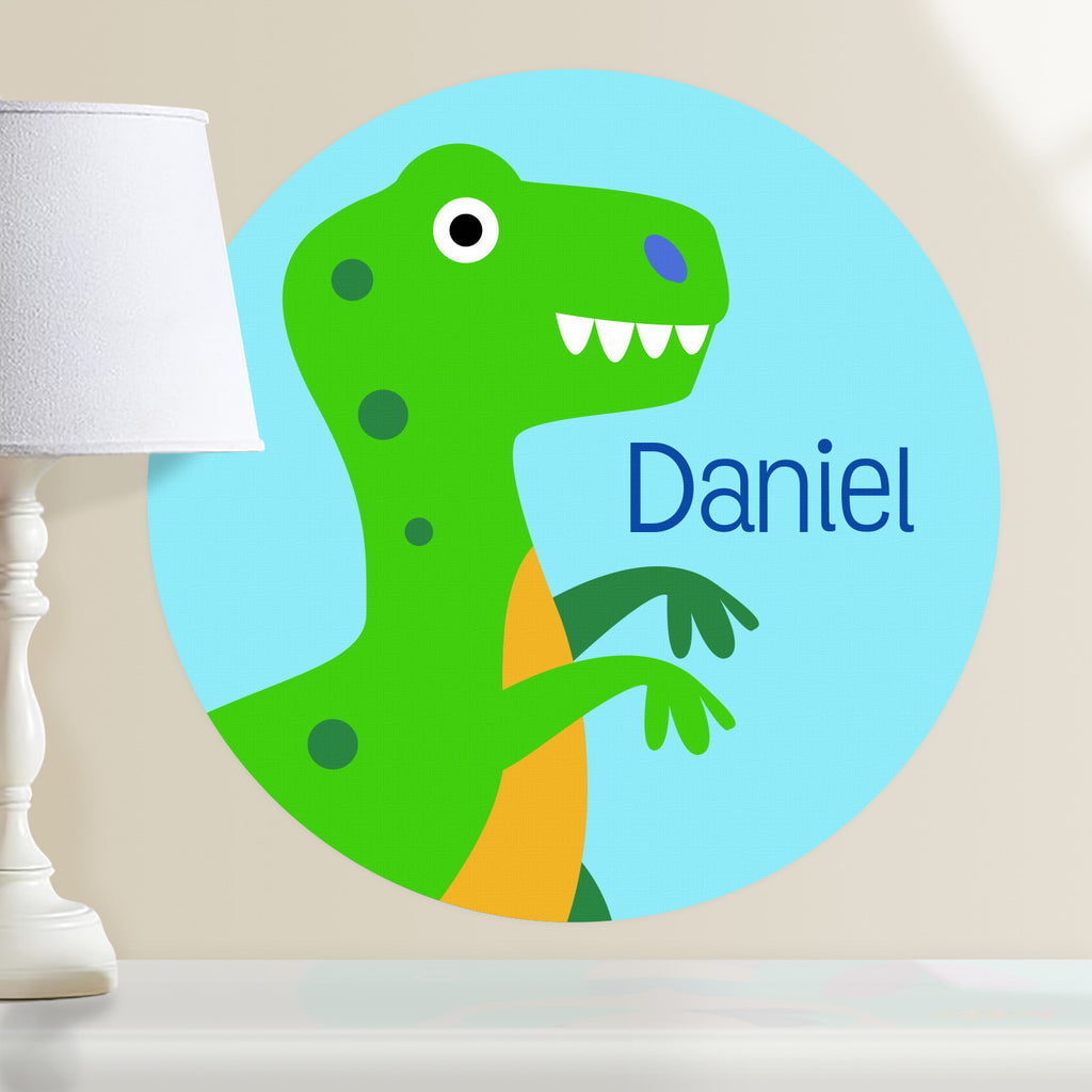 Kids personalized dinosaur circular wall decal. Green T-rex on a light blue background.