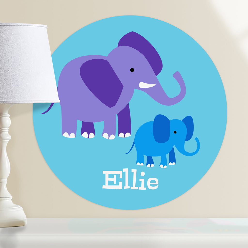 Elephat and baby kids personalized circular wall decal. Purple and blue elephants on light blue background.