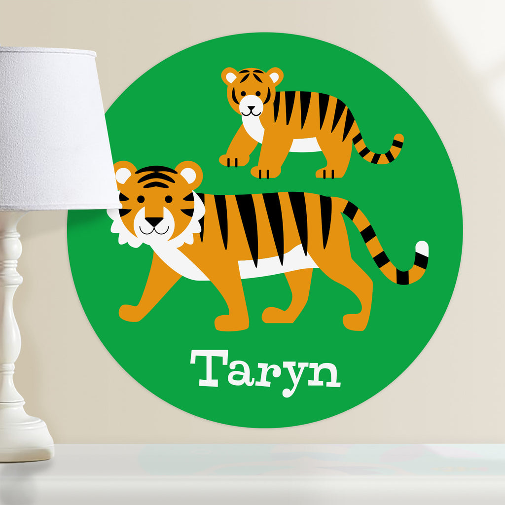 Tiger mother and baby kids personalized circular wall decal. Orange, black and white tigers on a green backgroung.