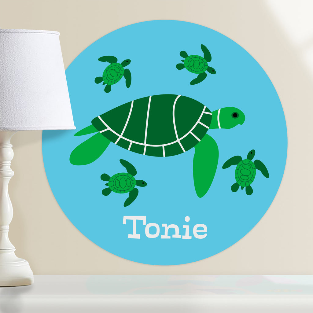 Sea Turtle mother and baby kids personalized circular wall decal. Green sea turtles on a light blue background.