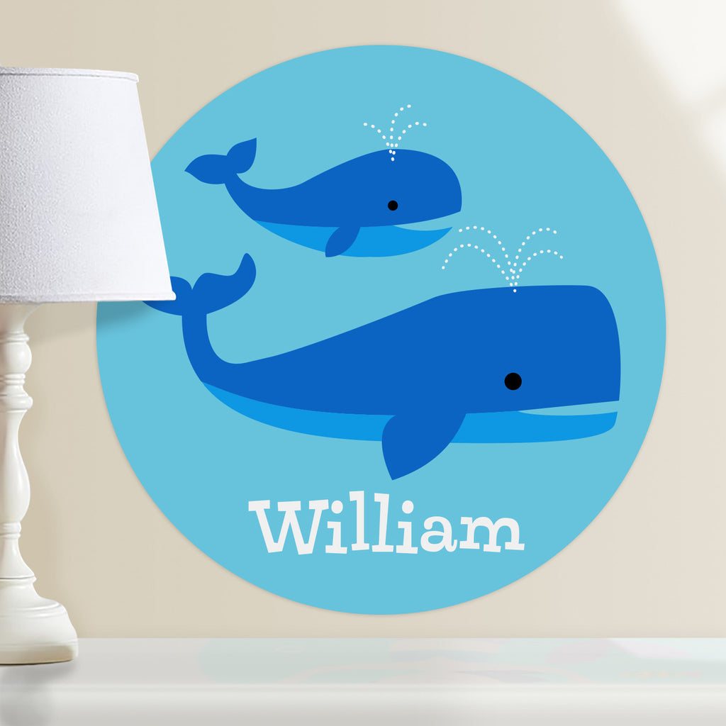 Mother and baby whale kids personalized circular wall decal. Blue whales on a blue green background.