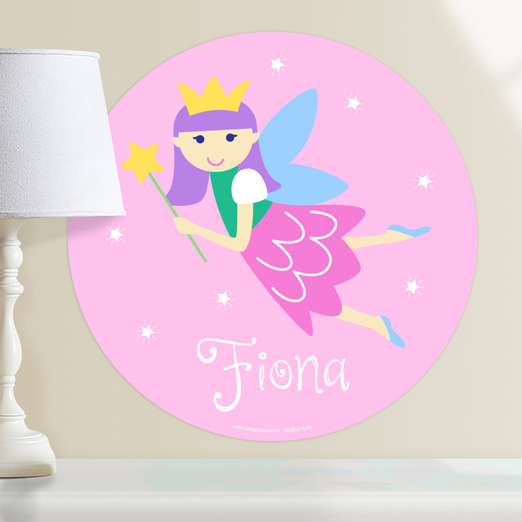 Kids fairy personalized circular wall decal.  Fairy with light purple hair on a pink packground.