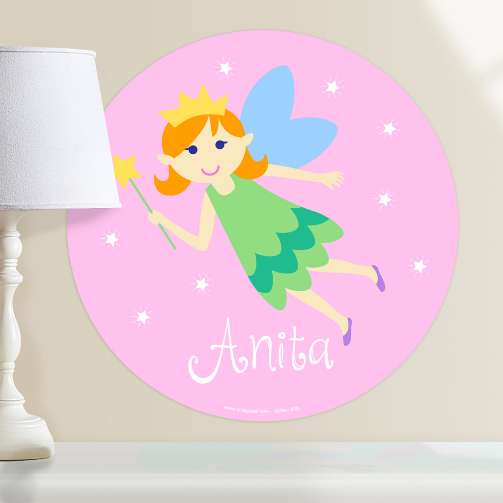 Kids fairy personalized circular wall decal.  Fairy with orange hair on a pink packground.