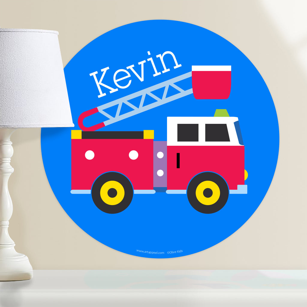 Personalized kids hero themed wall decal.  Red firetruck with ladder on a blue background.