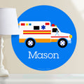 Personalized kids hero themed wall decal.  EMT ambulance on a blue background.