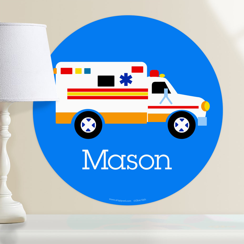 Personalized kids hero themed wall decal.  EMT ambulance on a blue background.