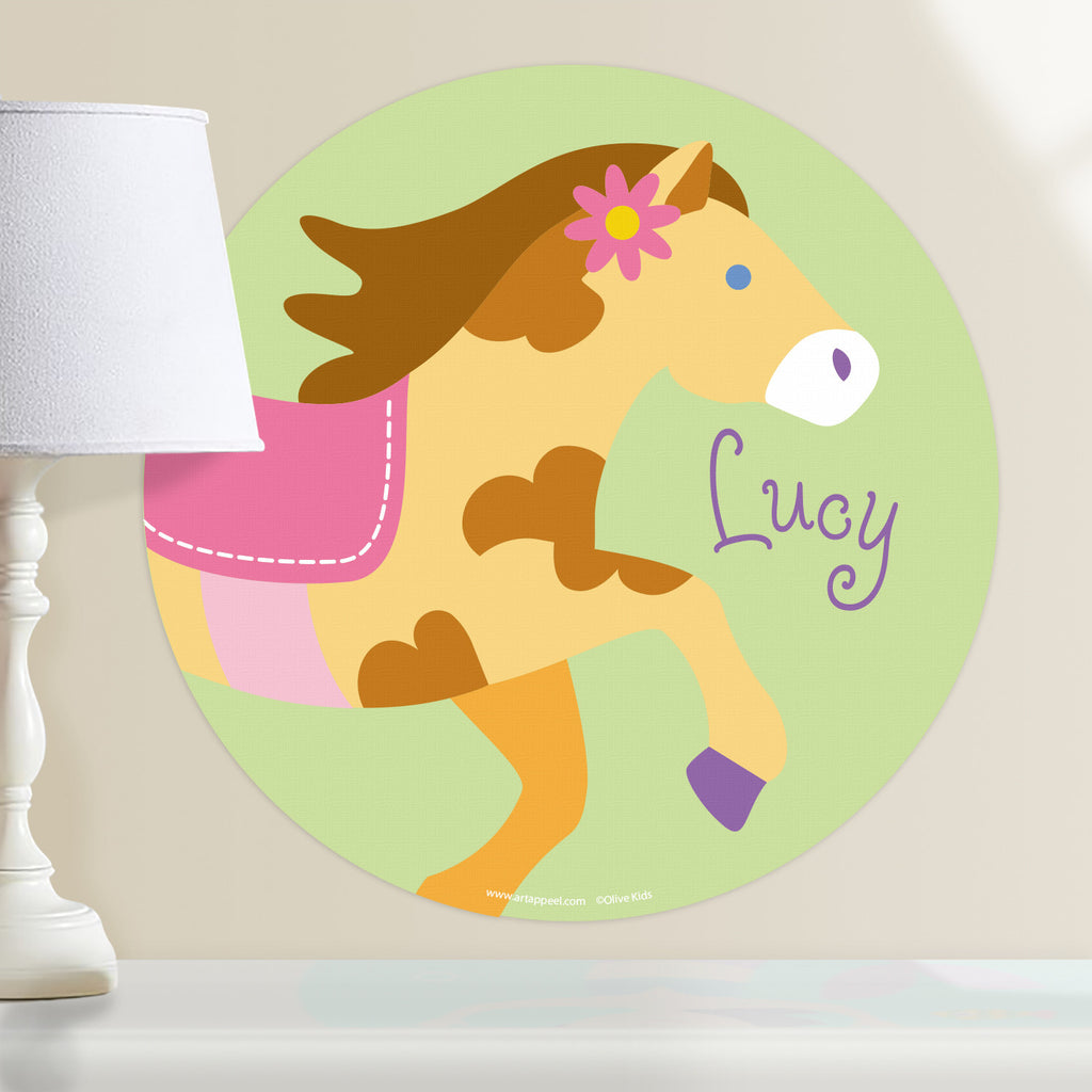 Pony Personalized kids circular wall decal.  Tan and brown spotted pony on a light green background.