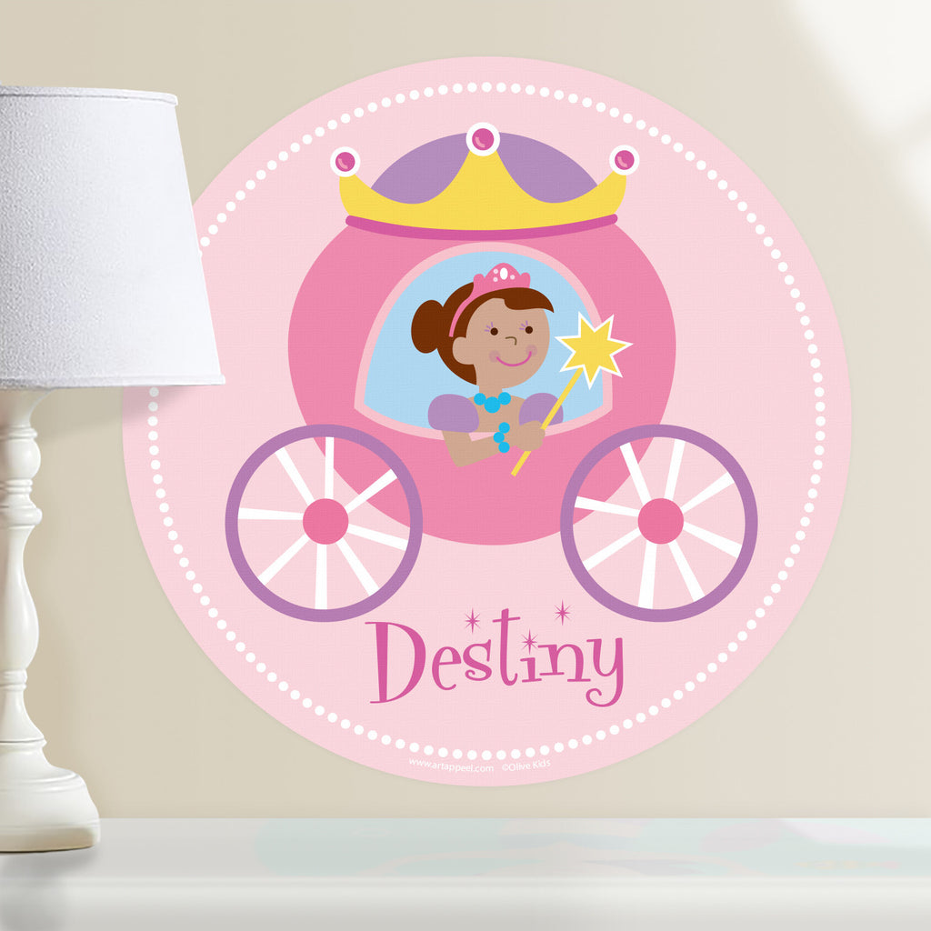 Princess personalized wall decal.  Circular shape, with dark complection princess sitting in her pink and purple coach. Light pink background.