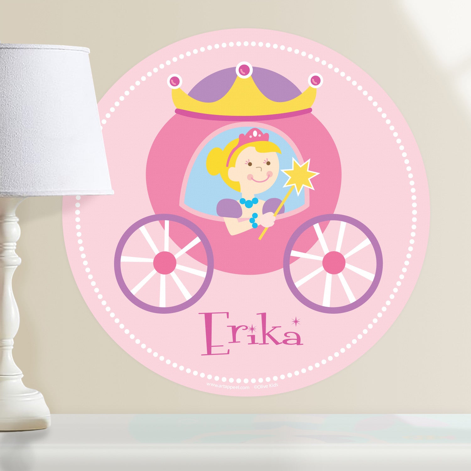 Princess personalized wall decal.  Circular shape, with blonde princess sitting in her pink and purple coach. Light pink background.