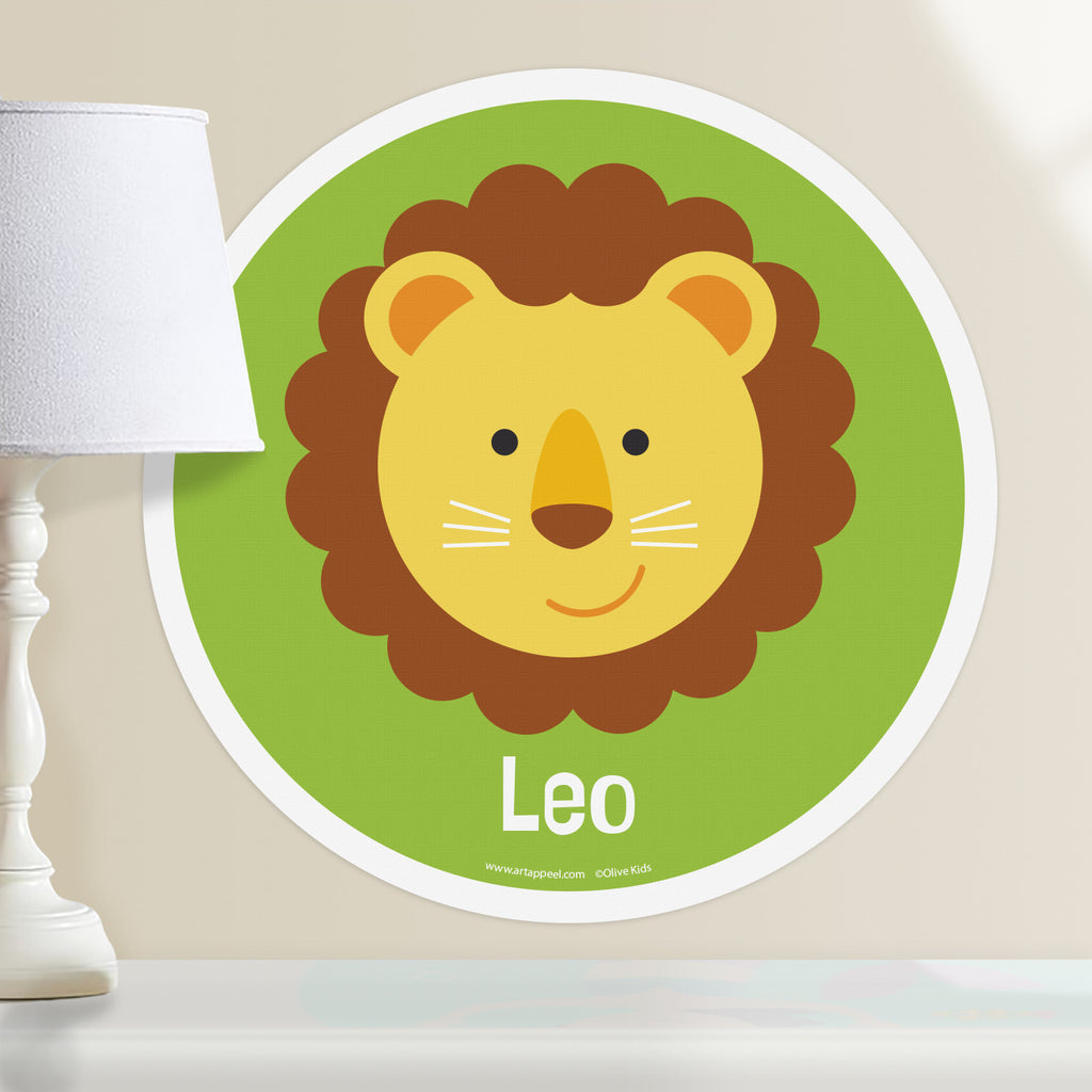 Kids personalized circular wall decal. Happy lion cub face on a pea green background.