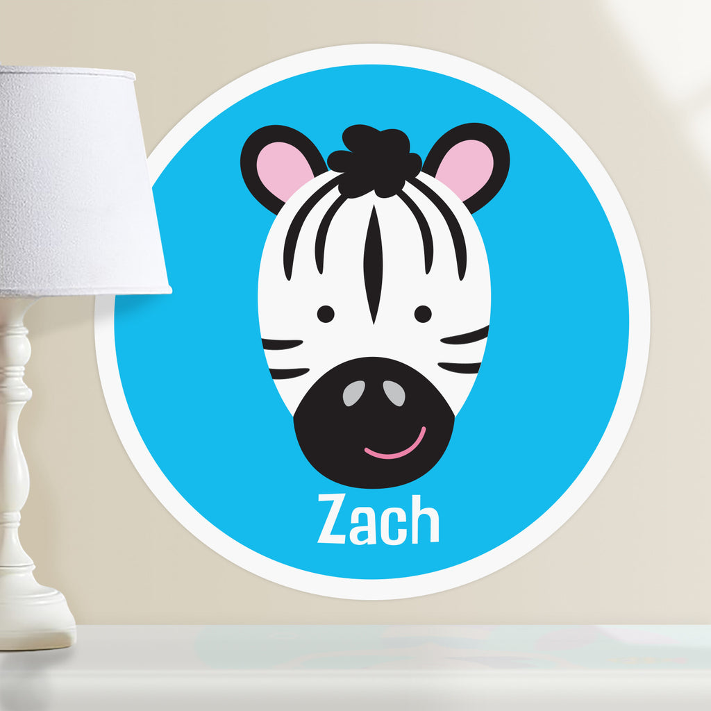Kids personalized circular wall decal. Happy baby zebra on a bright blue background.