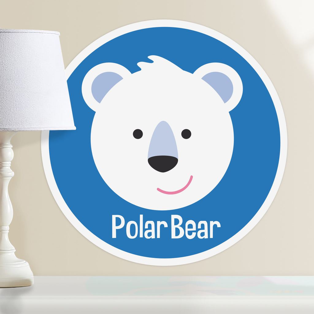 Kids personalized circular wall decal. Happy baby polar bear on a blue background.