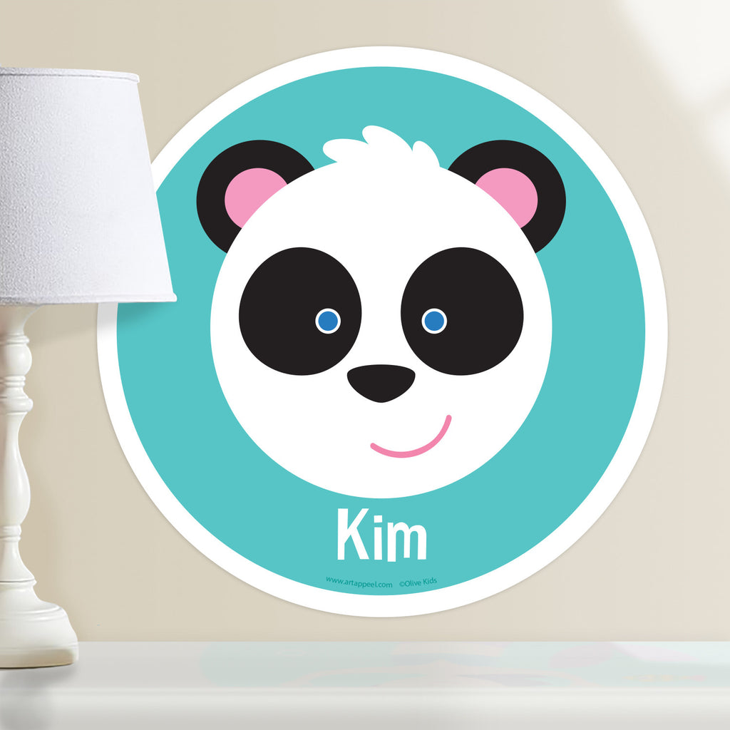 Kids personalized circular wall decal. Happy baby panda portrait on a blue-green background.