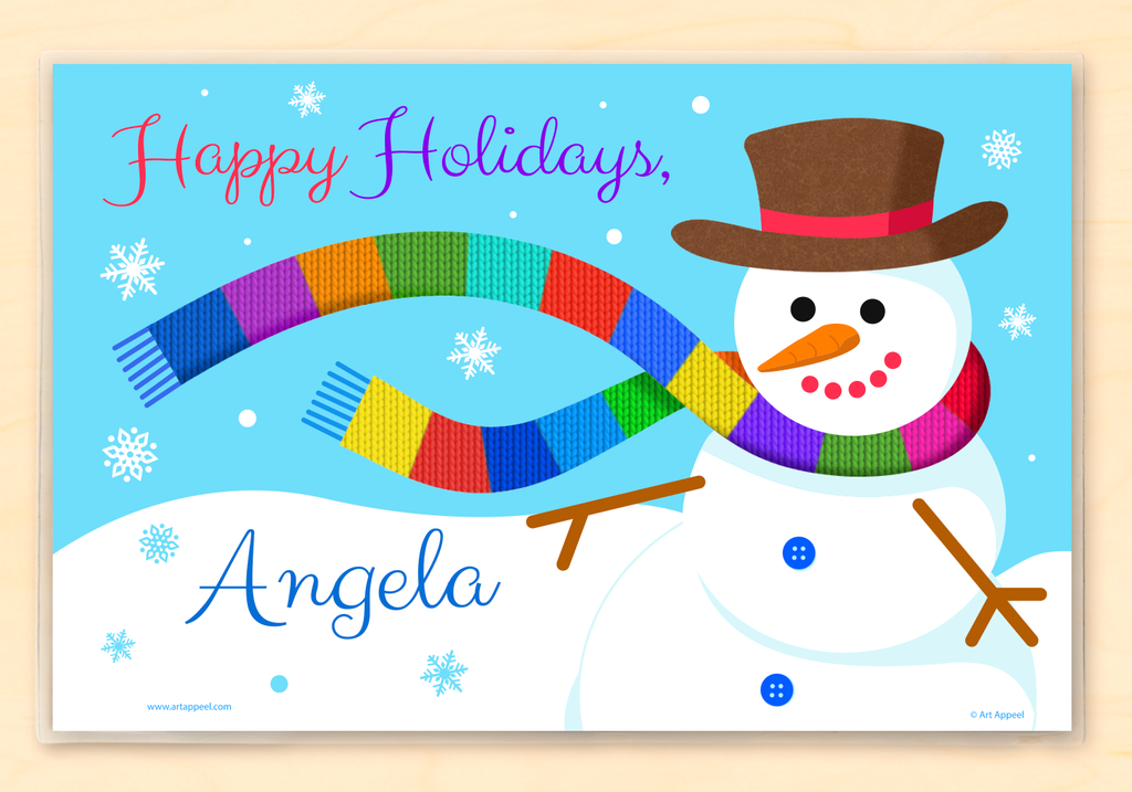 Personalized Kids Name Placemat With Colorful Snowman in Knit Rainbow Scarf