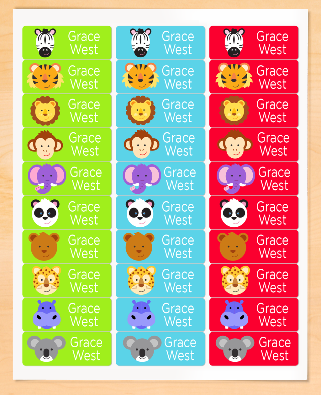 Zoo Animals Personalized Rectangle Kids Waterproof Labels