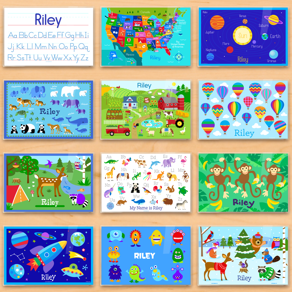 Educational Gift For Kids of Personalized Placemats for Each Month, including alphabet, usa map, planets, endangered animals, farm, hot air balloons, camping trip, monkeys, outer space with rocket ship, monsters, and winter snowy animals