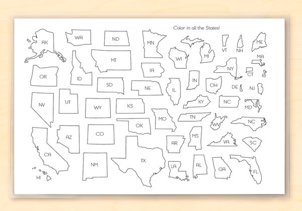 Kids Personalized Educational United States Coloring Map Placemat For Homeschooling and Learning The States