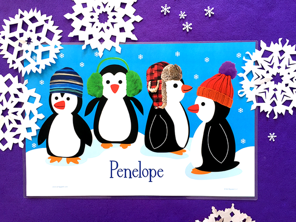Holiday penguins kids personalized name placemat with knitted winter hats and paper snowflakes